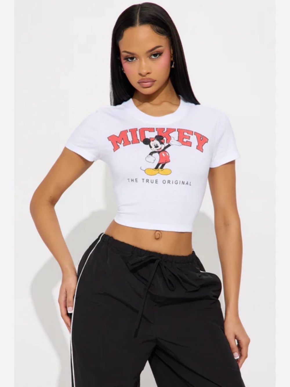 Disney White Cropped Mickey Tee with Red Logo